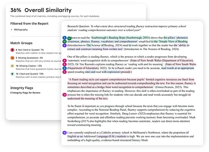 Turnitin similarity score report showing color-coded matching percentages